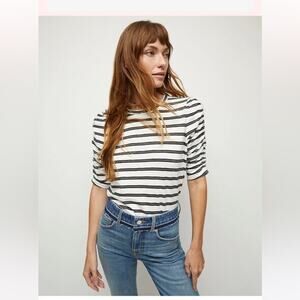 Veronica Beard Walford Ruched Sleeve Tee White Navy Mustard Stripe SZ L